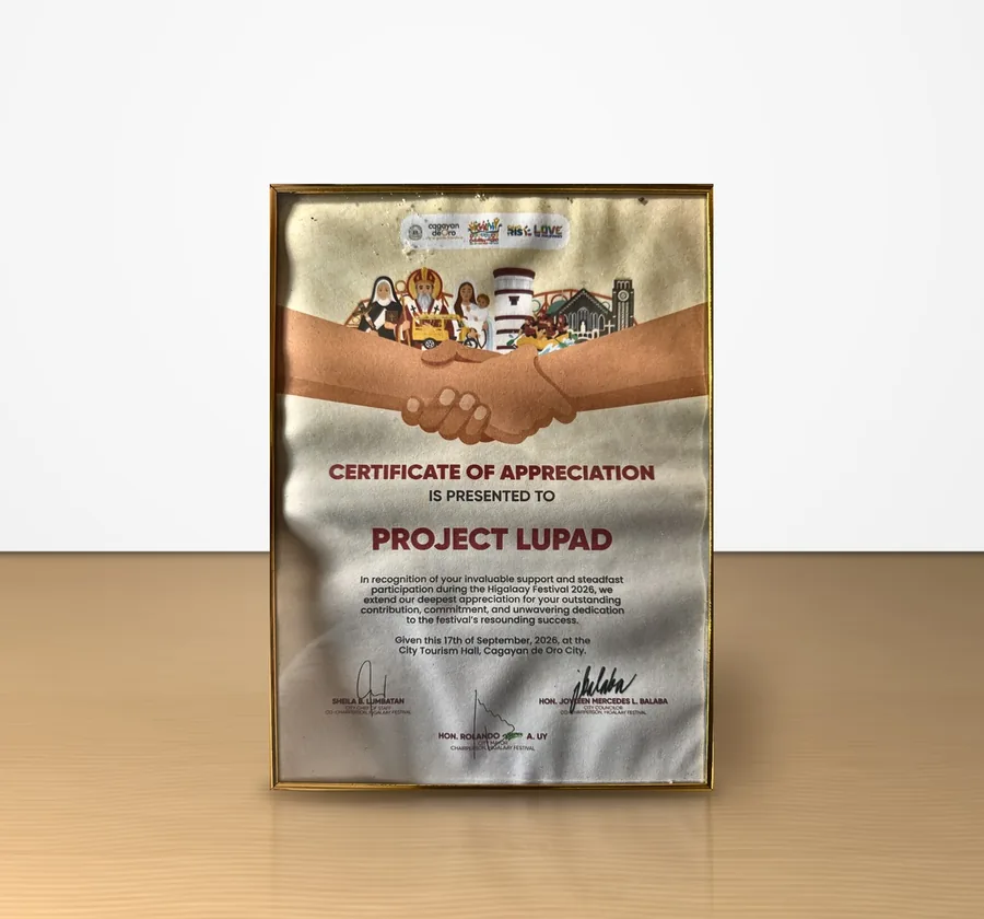 Higalaay Festival 2026 Certificate of Appreciation awarded to Project LUPAD